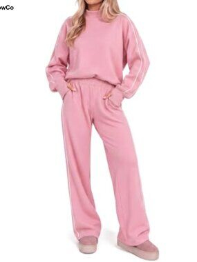 2 Piece Mock Neck Sweatshirt and Pants Set with Thumb Holes, Side Pockets